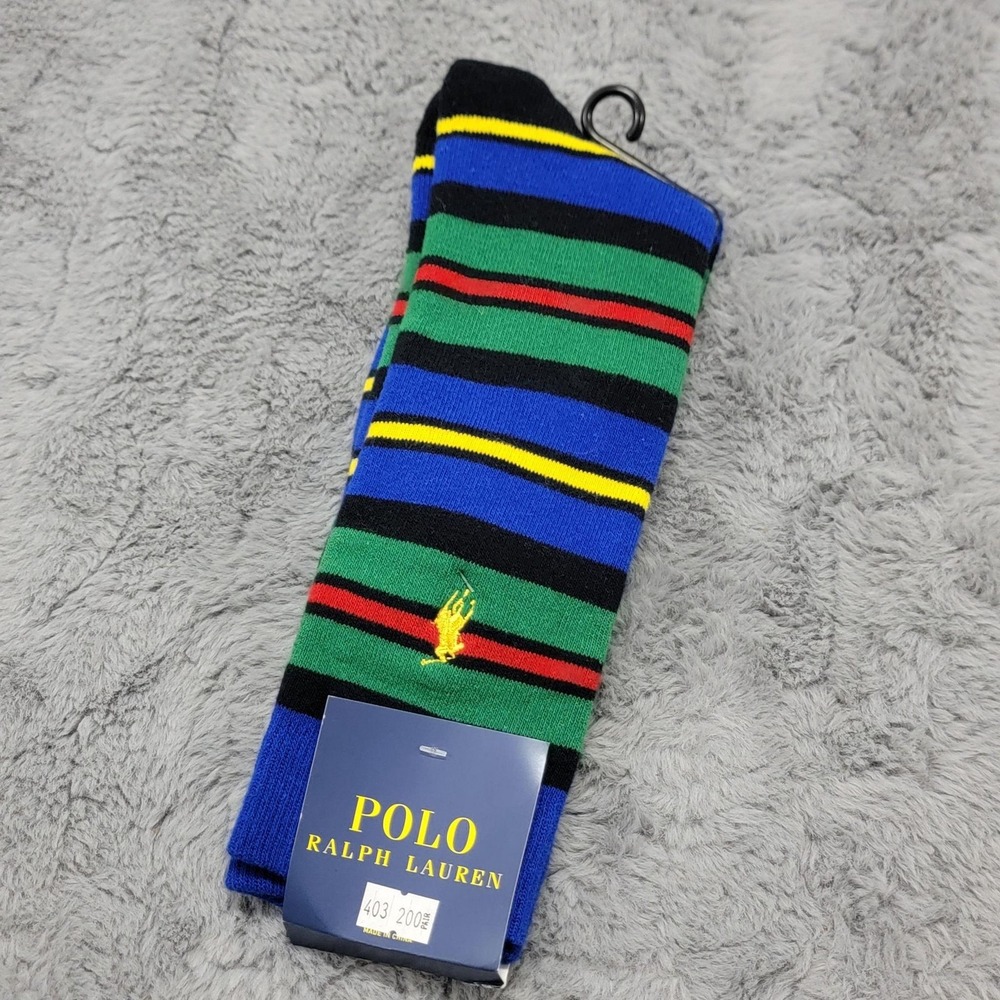 Polo Ralph Lauren Socks Mens 10-13 Multicolor Rugby Stripe Pony Crew Mid Calf